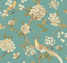 Load image into Gallery viewer, teal gold lime pastel sage cream birds branches leaf leaves flowers floral butterfly butterflies