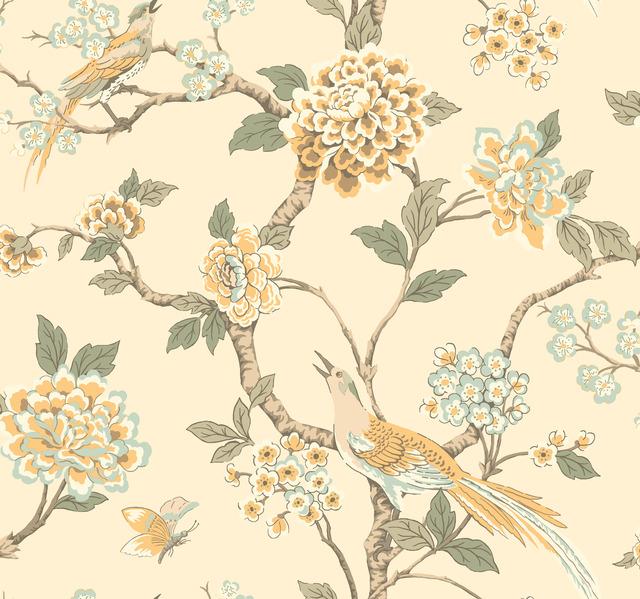 teal gold lime pastel sage cream birds branches leaf leaves flowers floral butterfly butterflies
