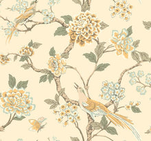 Load image into Gallery viewer, teal gold lime pastel sage cream birds branches leaf leaves flowers floral butterfly butterflies