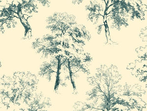 trees forest sketch teal navy toile de jouy