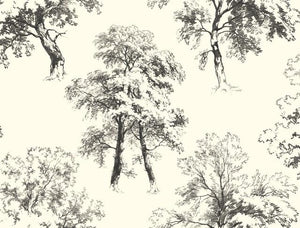 trees forest sketch teal navy toile de jouy
