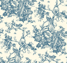 Load image into Gallery viewer, toile de jouy woven flowers birds floral branches teal mink grey indigo cream