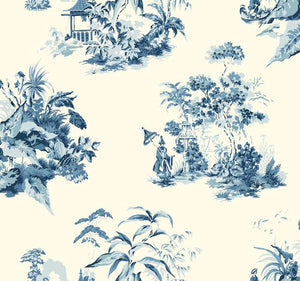 chinoiserie toile de jouy pagodas scenic Asian teal tropical