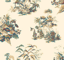 Load image into Gallery viewer, chinoiserie toile de jouy pagodas scenic Asian teal tropical