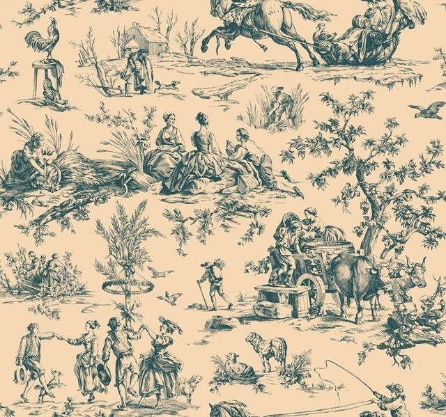 navy linen teal khaki indigo scenic harvest toile de jouy animals Colonial scenic historic archival