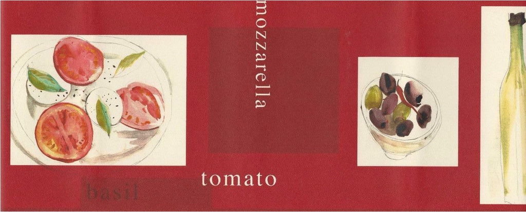 KB79733N. Red bg. Wine and cheese border