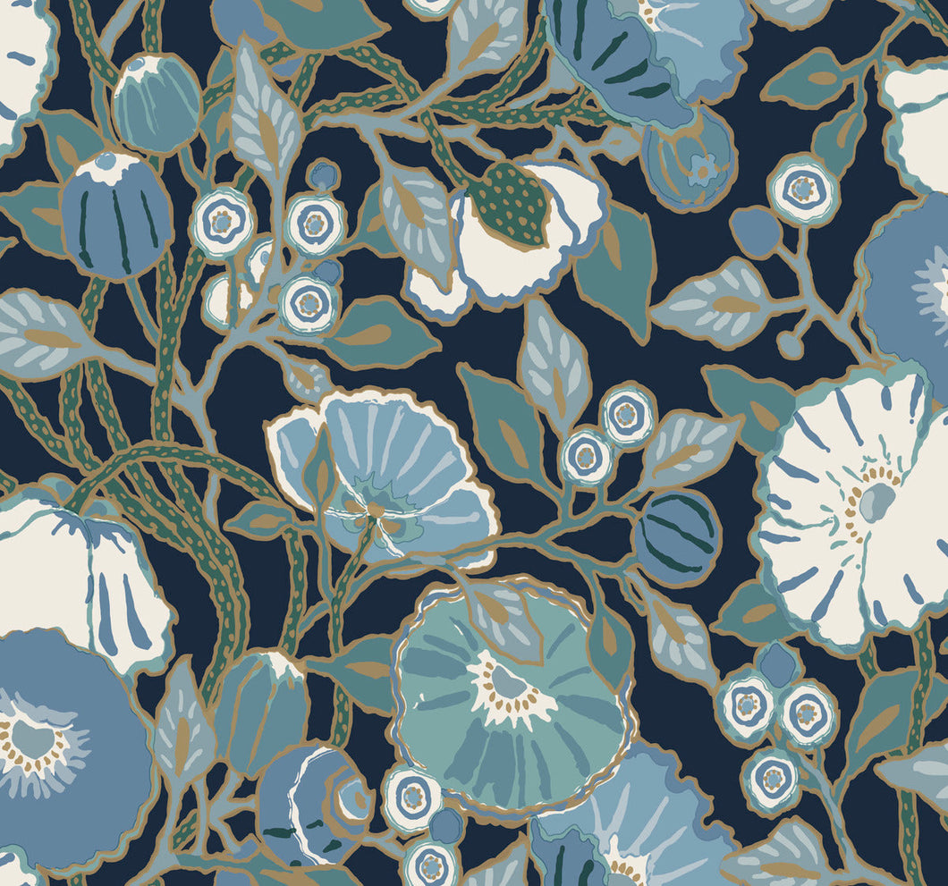 Vincent Poppies Indigo Wallpaper