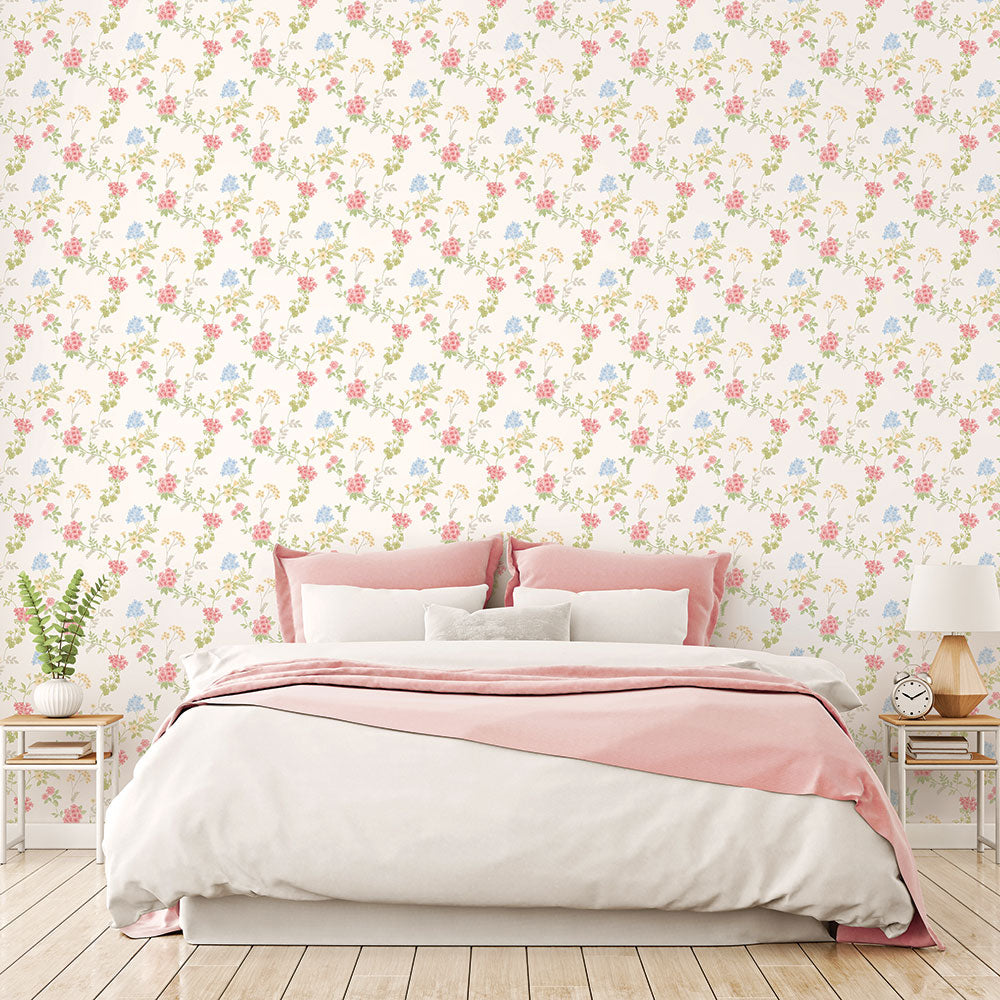 Fern Floral Wallpaper in Pinks, Green and Yellows