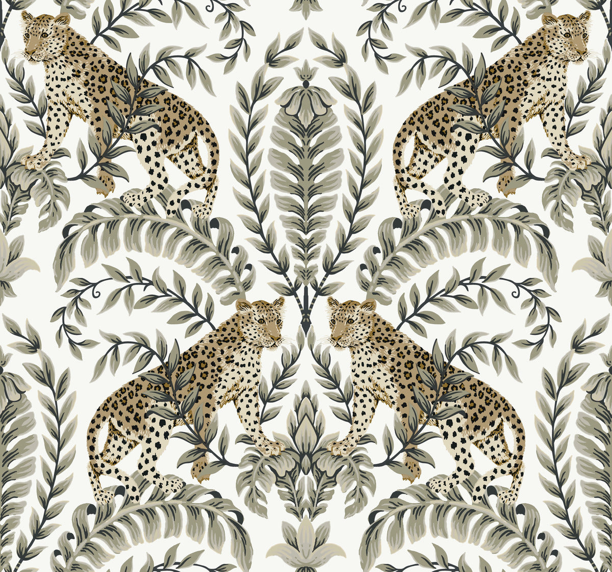metallic, gold, silver, glint, scenic, chinoiserie, gold leaf, leopards, birds, acanthus, damask, leaf, leaves, classic, s...
