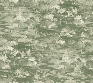 removable wallpaper country scenic toile farm ranch barn sage cream grey