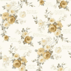 removable wallpaper coral grey buff bright days roses script words rosebuds
