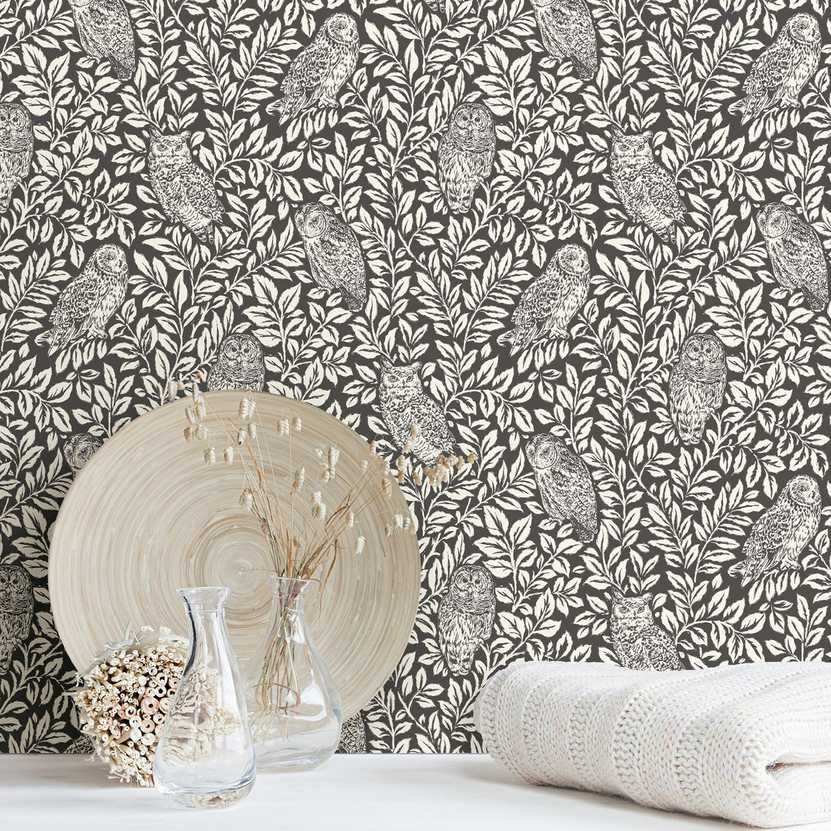 Charcoal Sleepy Owls Peel & Stick Wallpaper