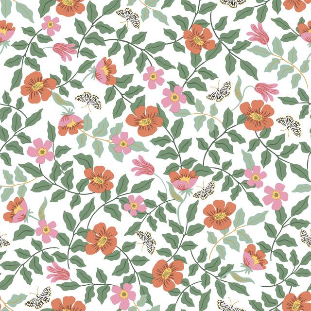 The Primrose print features fluttering butterflies and colorful blooms surrounded by delicate vines and leaves for a charm...