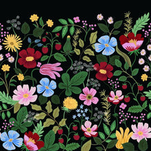 Load image into Gallery viewer, The Strawberry Fields mural features a large-scale print of sweet blooms and berries in a lush pattern of trailing vines a...
