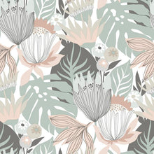 Load image into Gallery viewer, Walls become a backyard garden with Pink Retro Tropical Leaves Peel and Stick Wallpaper by RoomMates. This pattern, inspir...