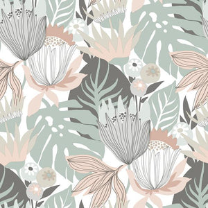 Walls become a backyard garden with Pink Retro Tropical Leaves Peel and Stick Wallpaper by RoomMates. This pattern, inspir...