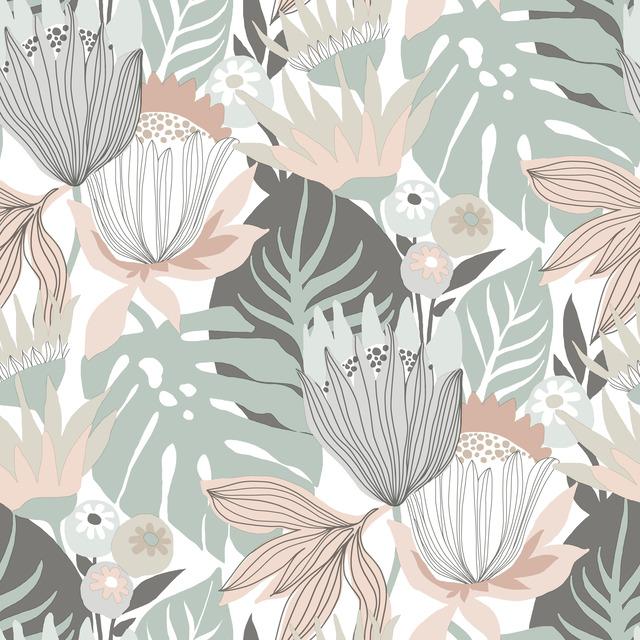 Walls become a backyard garden with Pink Retro Tropical Leaves Peel and Stick Wallpaper by RoomMates. This pattern, inspir...