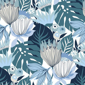 Walls become a backyard garden with Blue Retro Tropical Leaves Peel and Stick Wallpaper by RoomMates. This pattern, inspir...