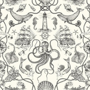 An amusing addition to bath or beach house, Deep Sea Toile Peel and Stick Wallpaper from RoomMates has it all - from seaho...