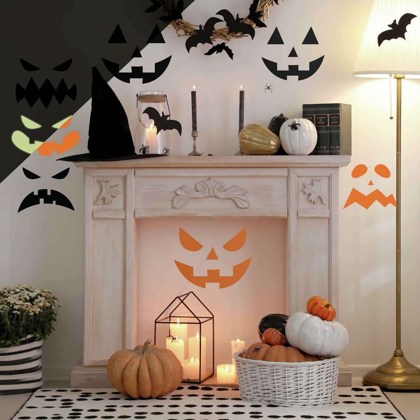 HALLOWEEN PUMPKIN FACES GLOW IN THE DARK PEEL AND STICK WALL DECALS