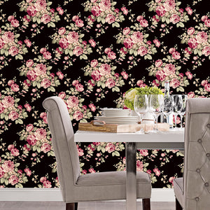 Grand Floral Wallpaper in Black, Ebony, Plum & Pinks