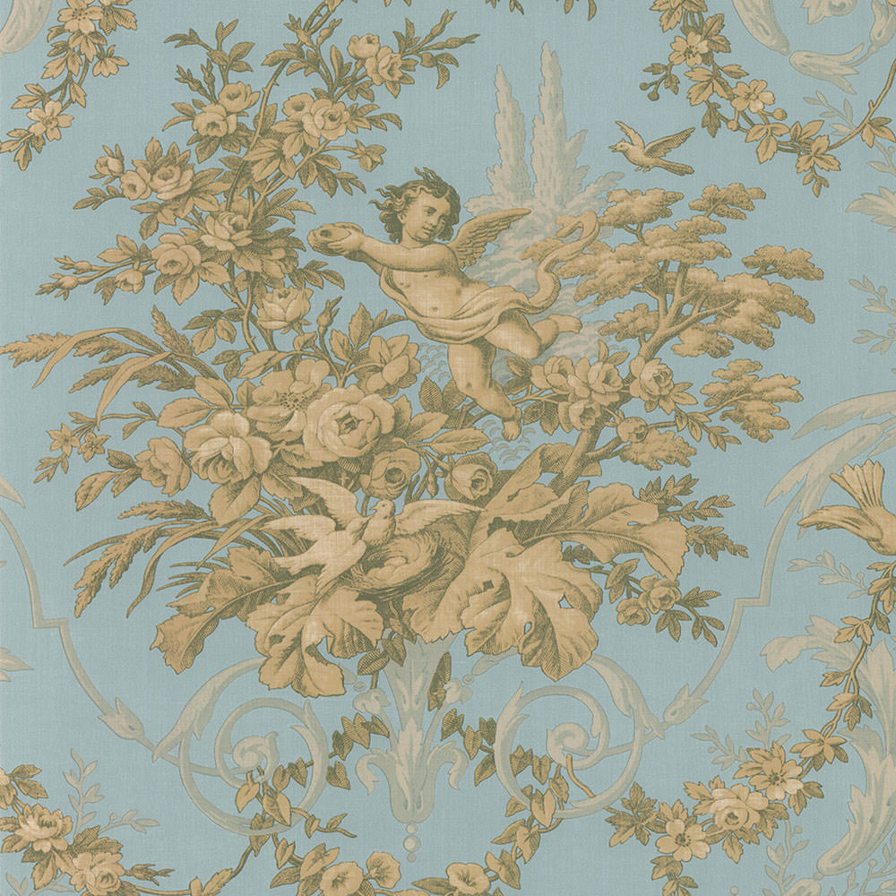 wallpaper, wallpapers, toile, floral, leaves, branches, cherub, scrolls, birds