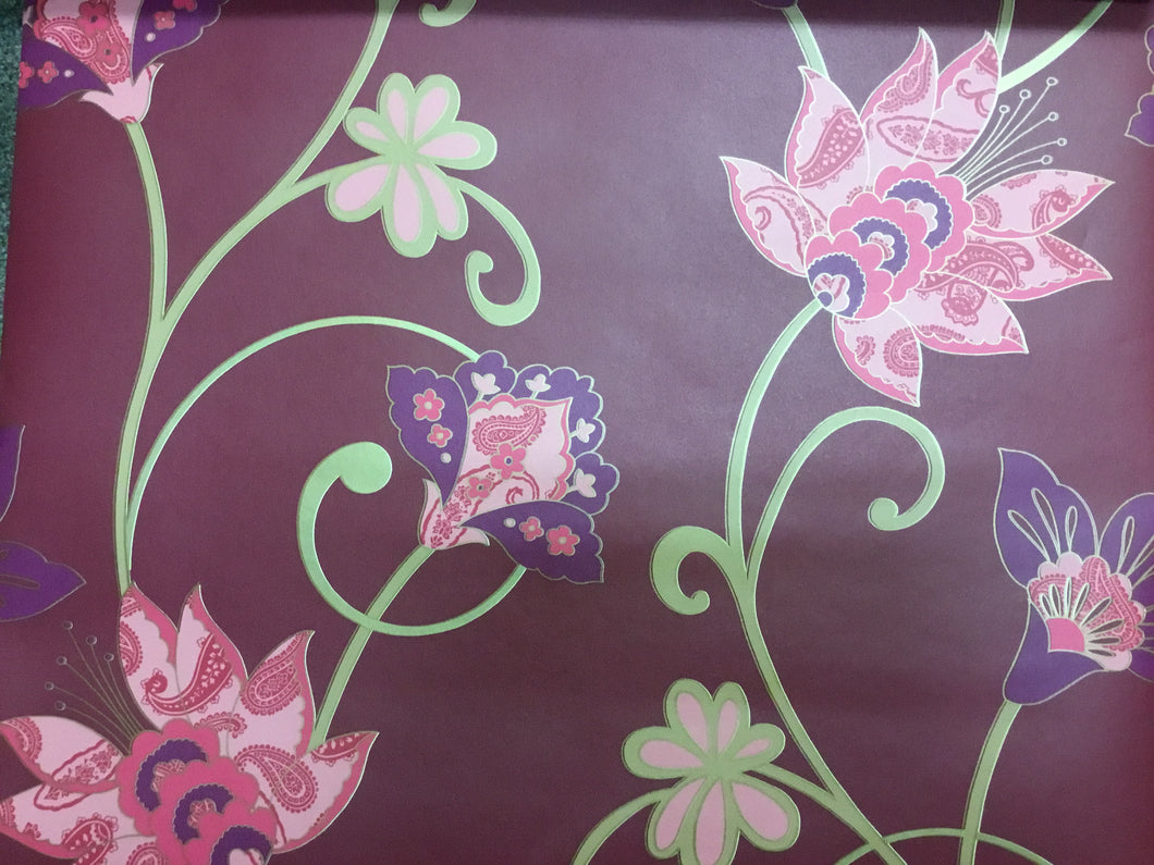 SW29252. Burgundy bg. Pink paisley flower