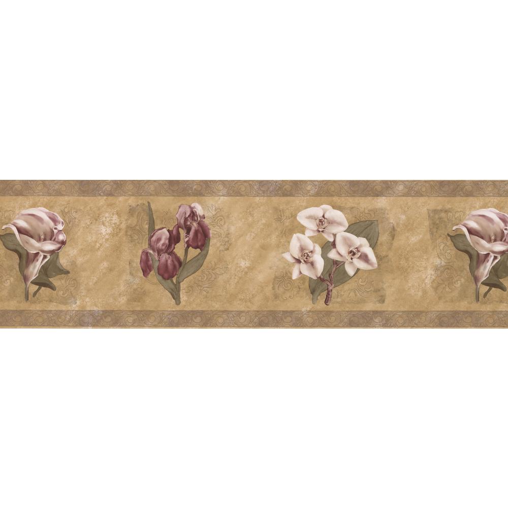White Purple Flowers Brown Floral Prepasted Wallpaper Border