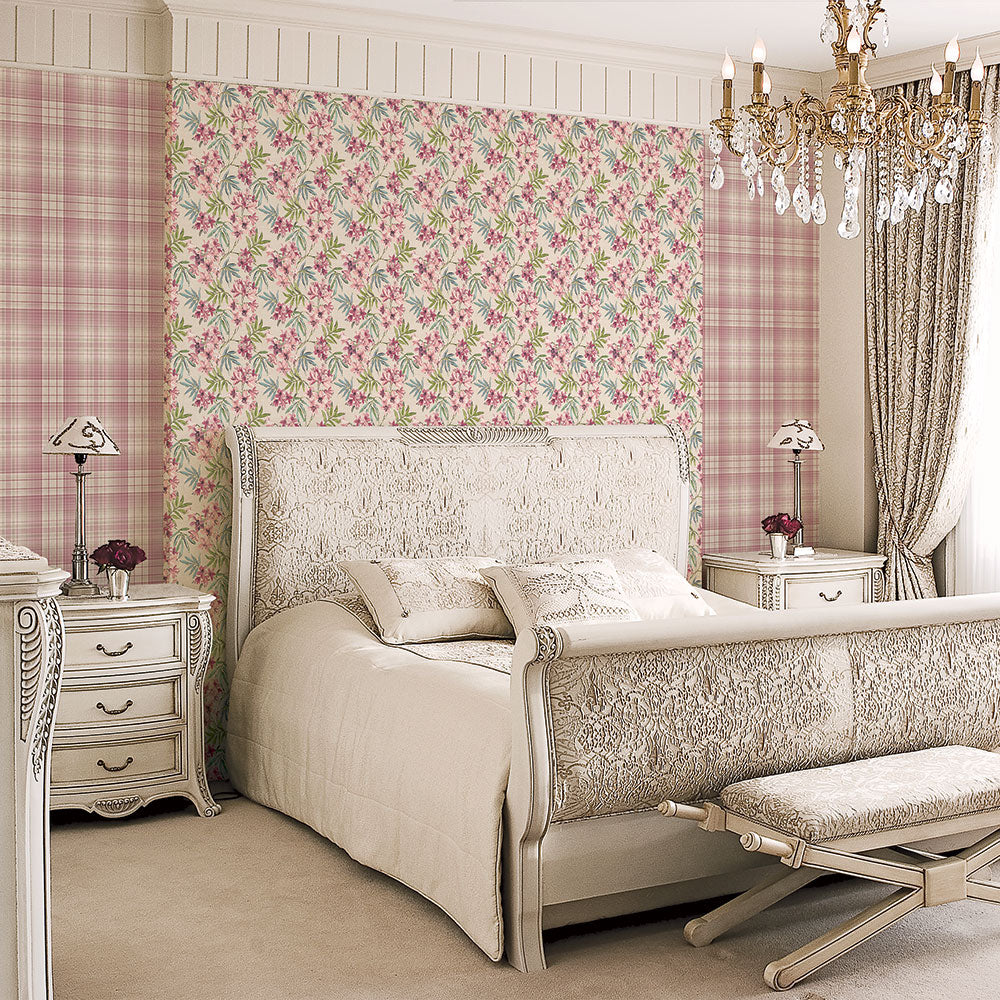 Linen Floral Wallpaper in Pink, Burgundy, Turquoise & Taupe